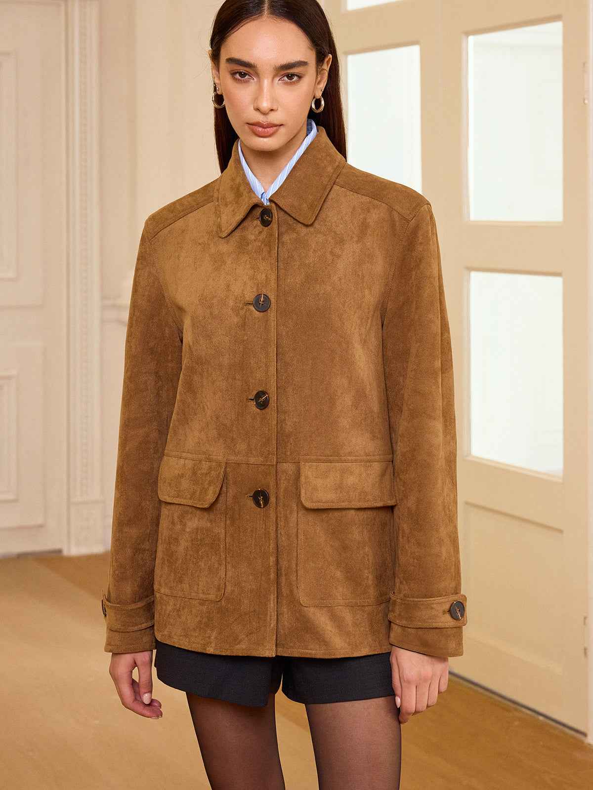 Akira | Women's Collared Button-Front Suede Office Blazer