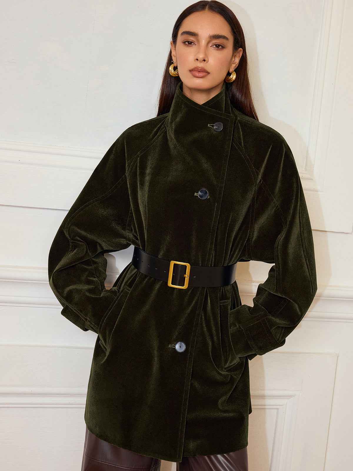 Alexandria | Women’s Stylish Pocketed Velvet Coat without Belt