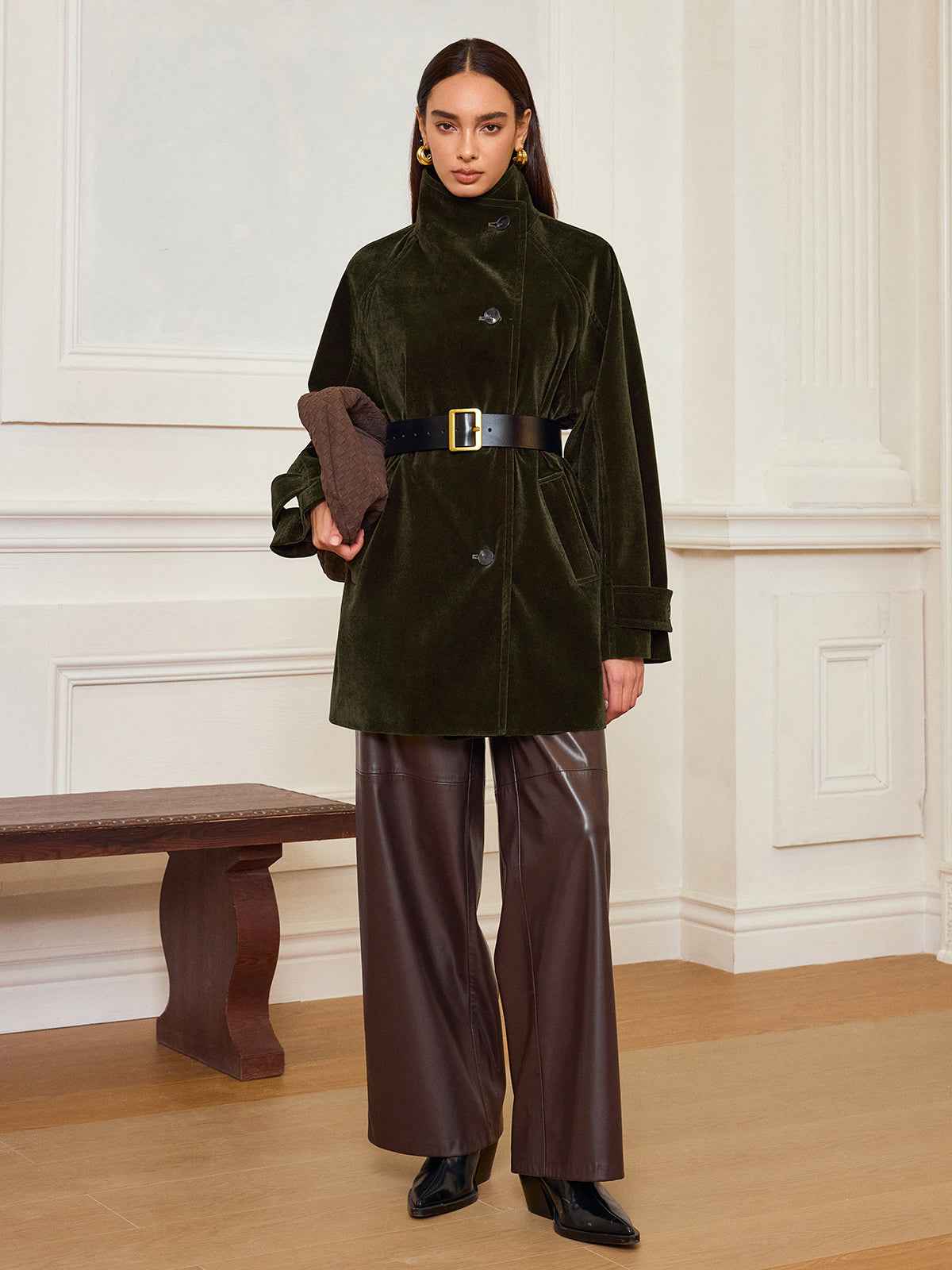 Alexandria | Women’s Stylish Pocketed Velvet Coat without Belt