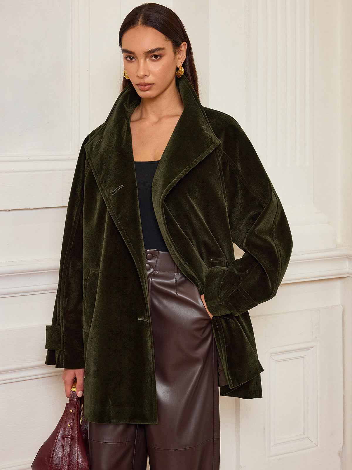 Alexandria | Women’s Stylish Pocketed Velvet Coat without Belt