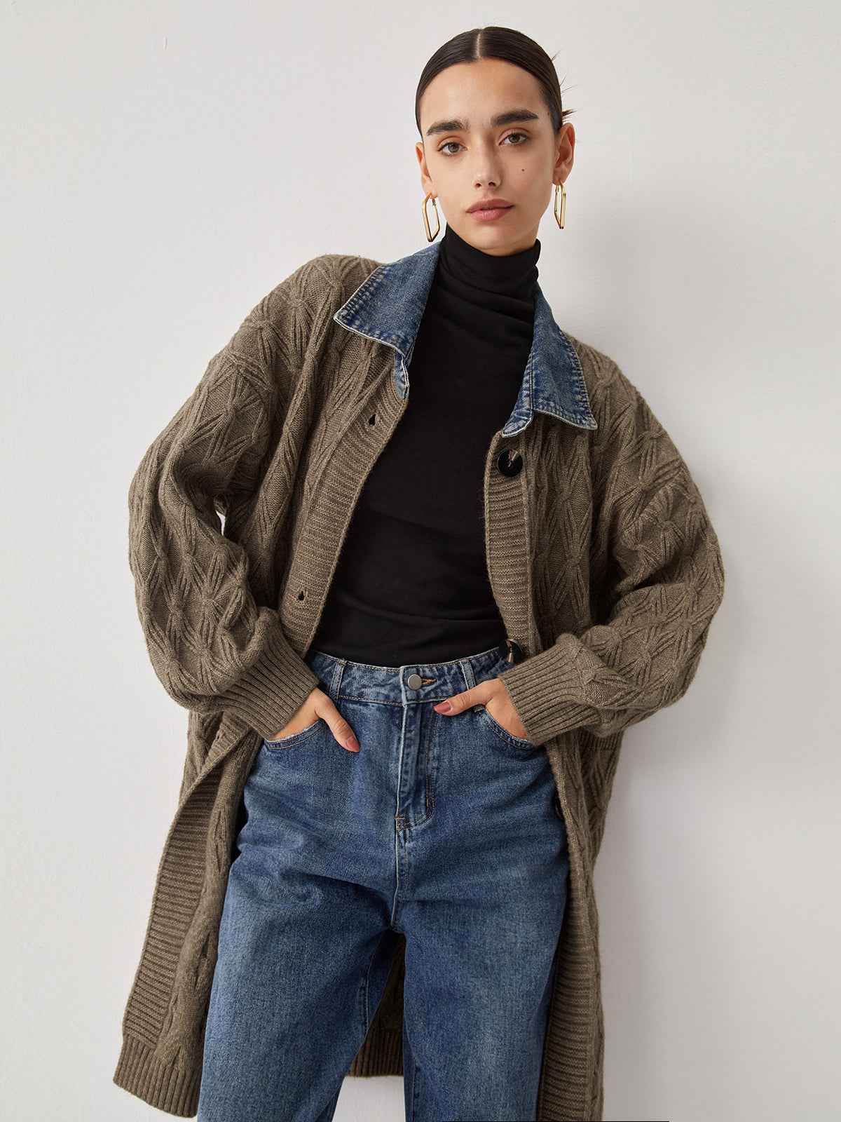 Cail | Women’s Elegant Diamond Stitch Knitting Longline Cardigan