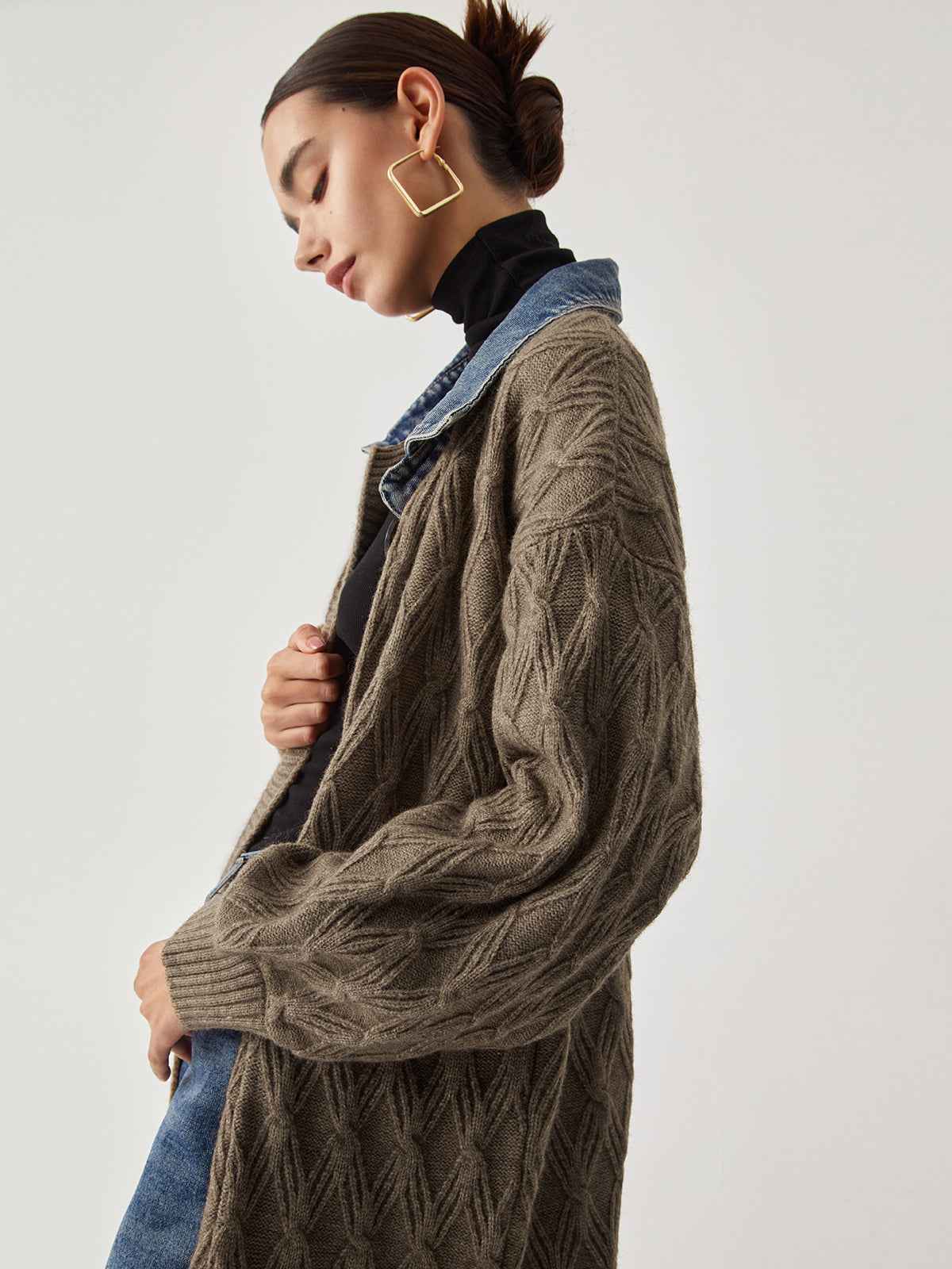 Cail | Women’s Elegant Diamond Stitch Knitting Longline Cardigan