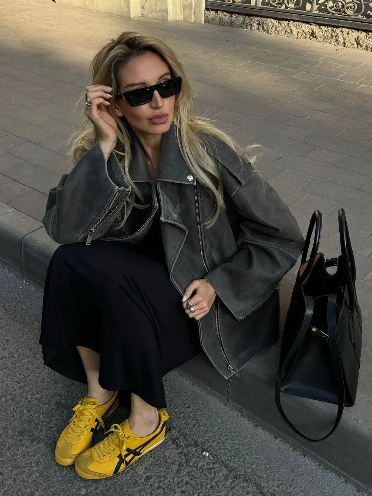 Mia | Stylish Loose Grey Suede Jacket 6