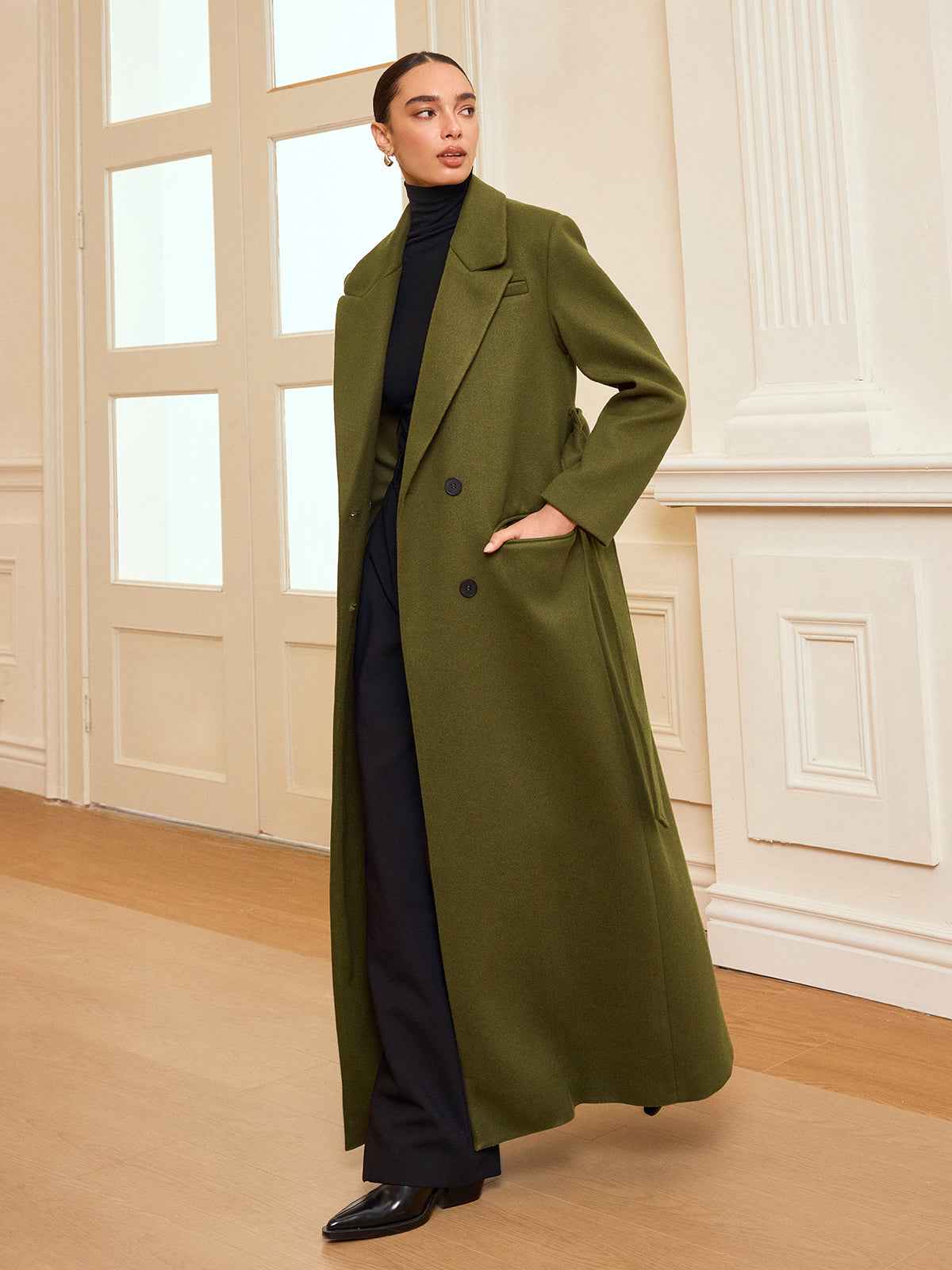Guinevere | Women's Long Double-Breasted Belted Trench Coat