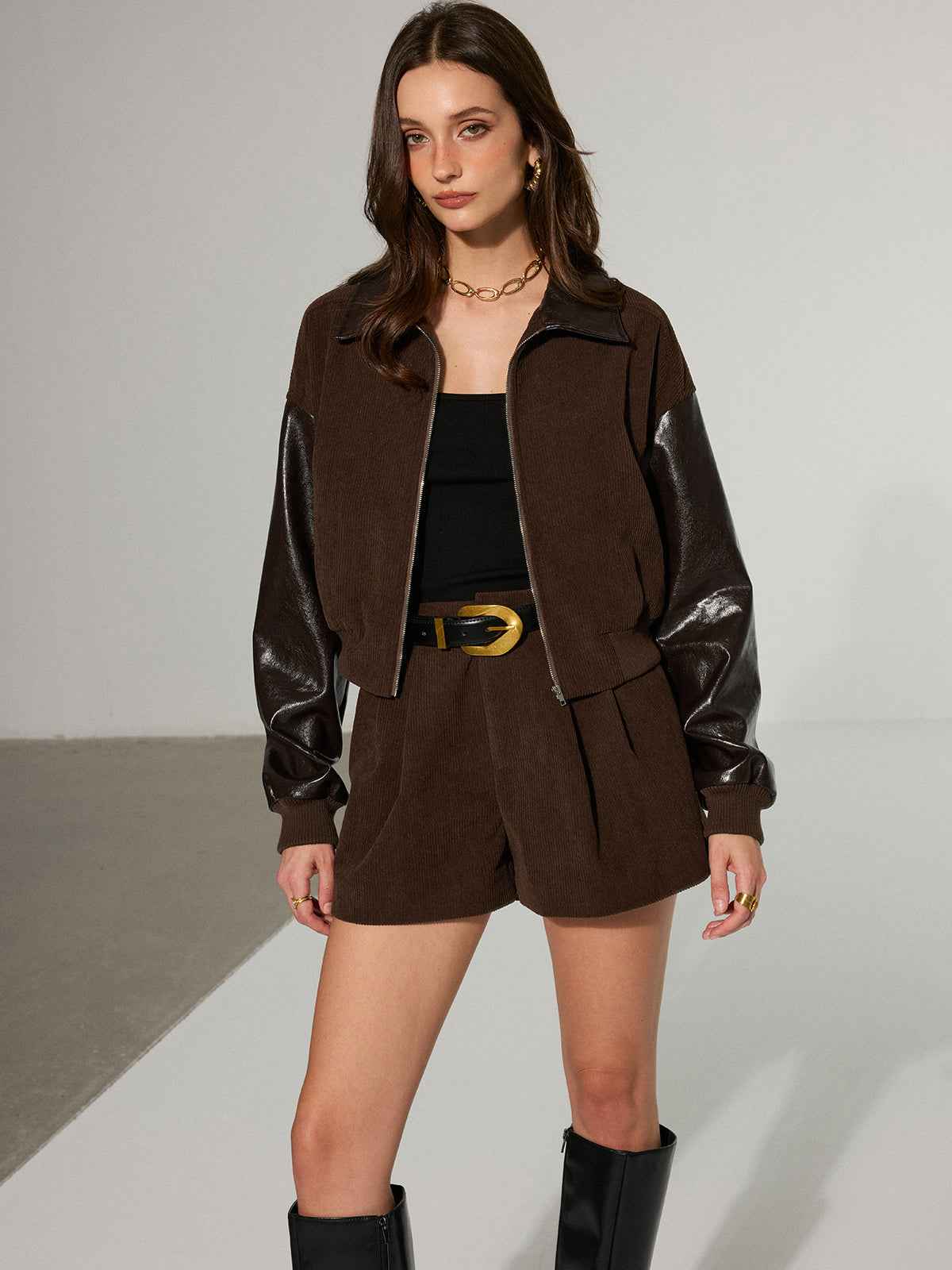 Lyra | Women’s Trendy Faux Leather Panel Corduroy Zip-Up Jacket