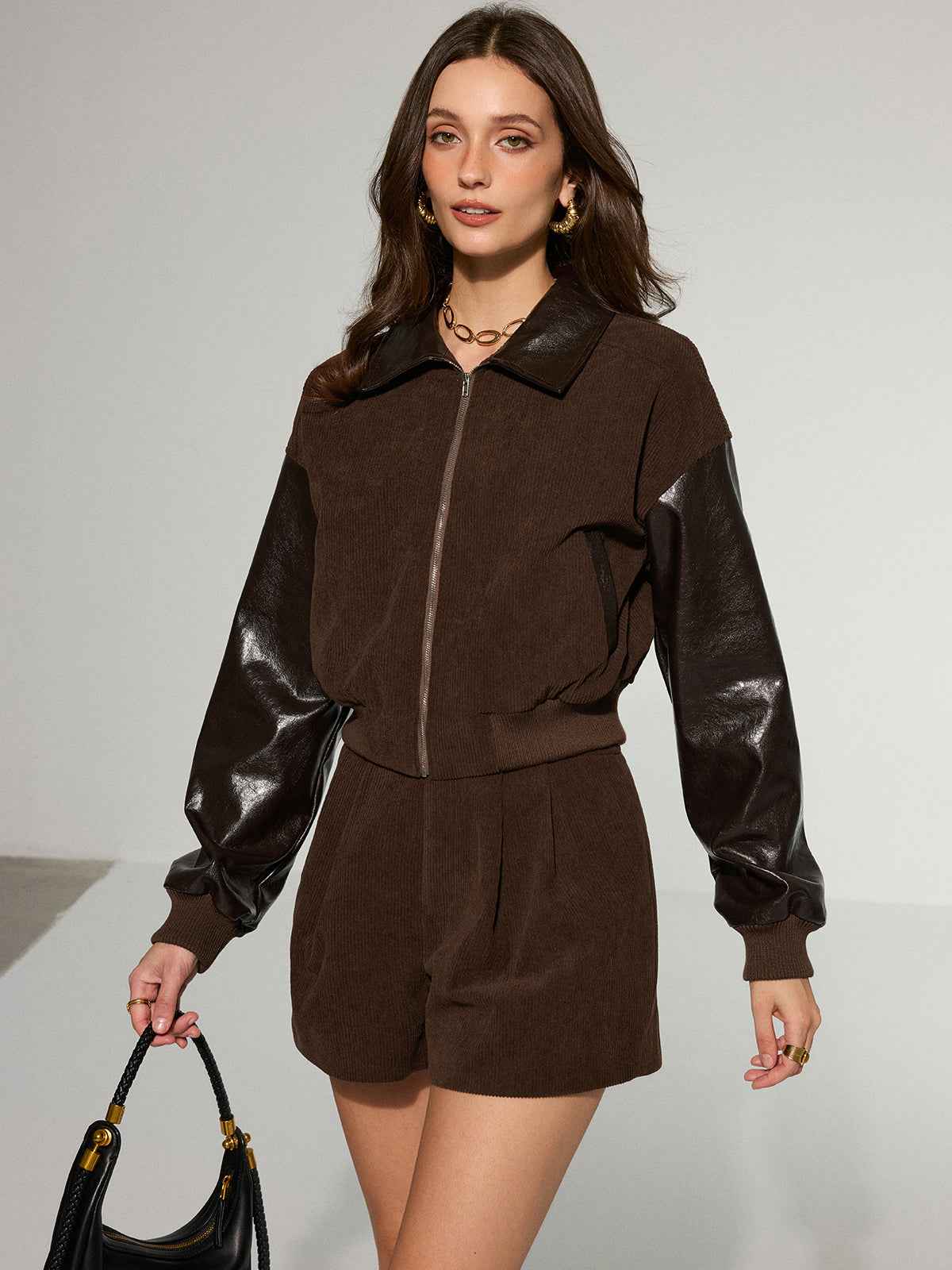 Lyra | Women’s Trendy Faux Leather Panel Corduroy Zip-Up Jacket