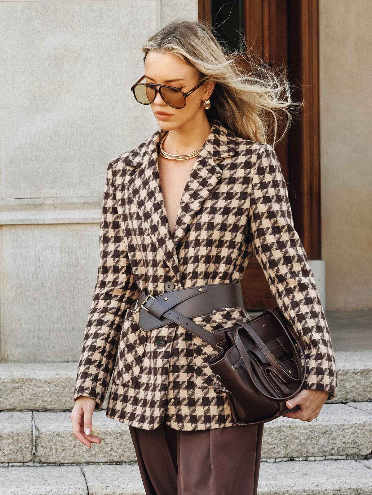 Macie | Women’s Classic Houndstooth Belted Blazer