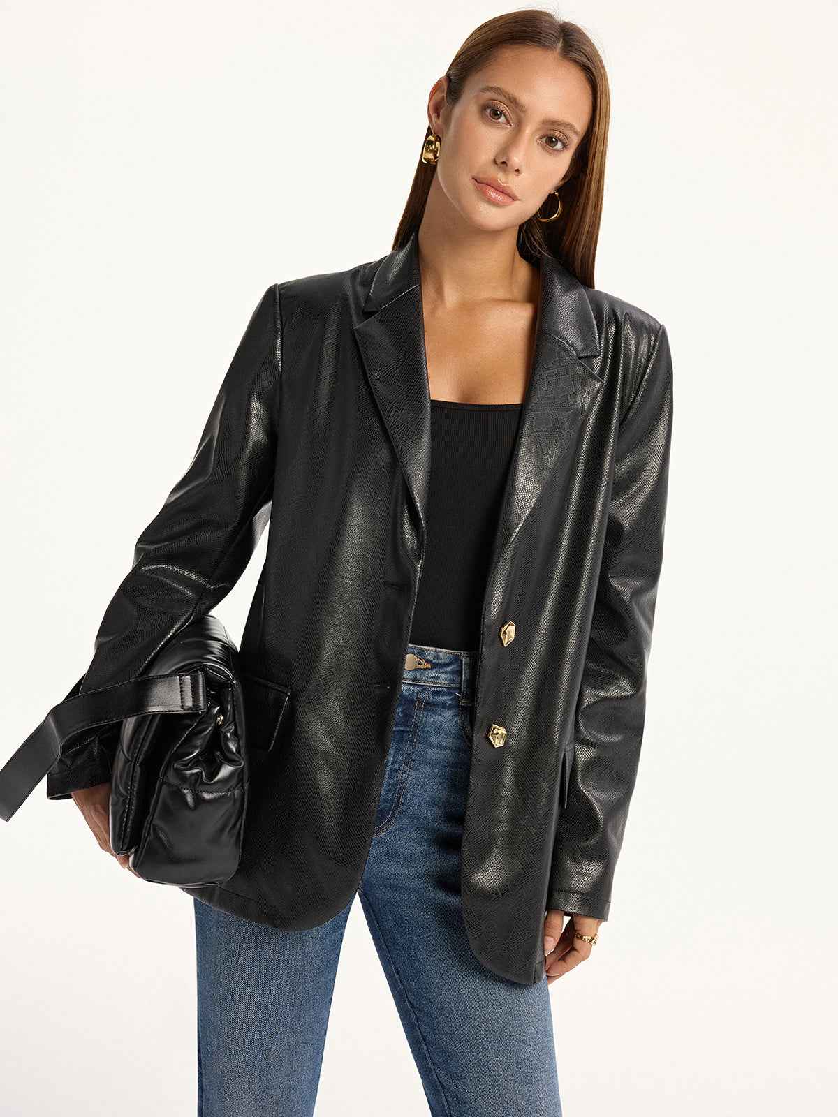 Maddison | Women’s Edgy Snake Print Metal Button PU Leather Blazer