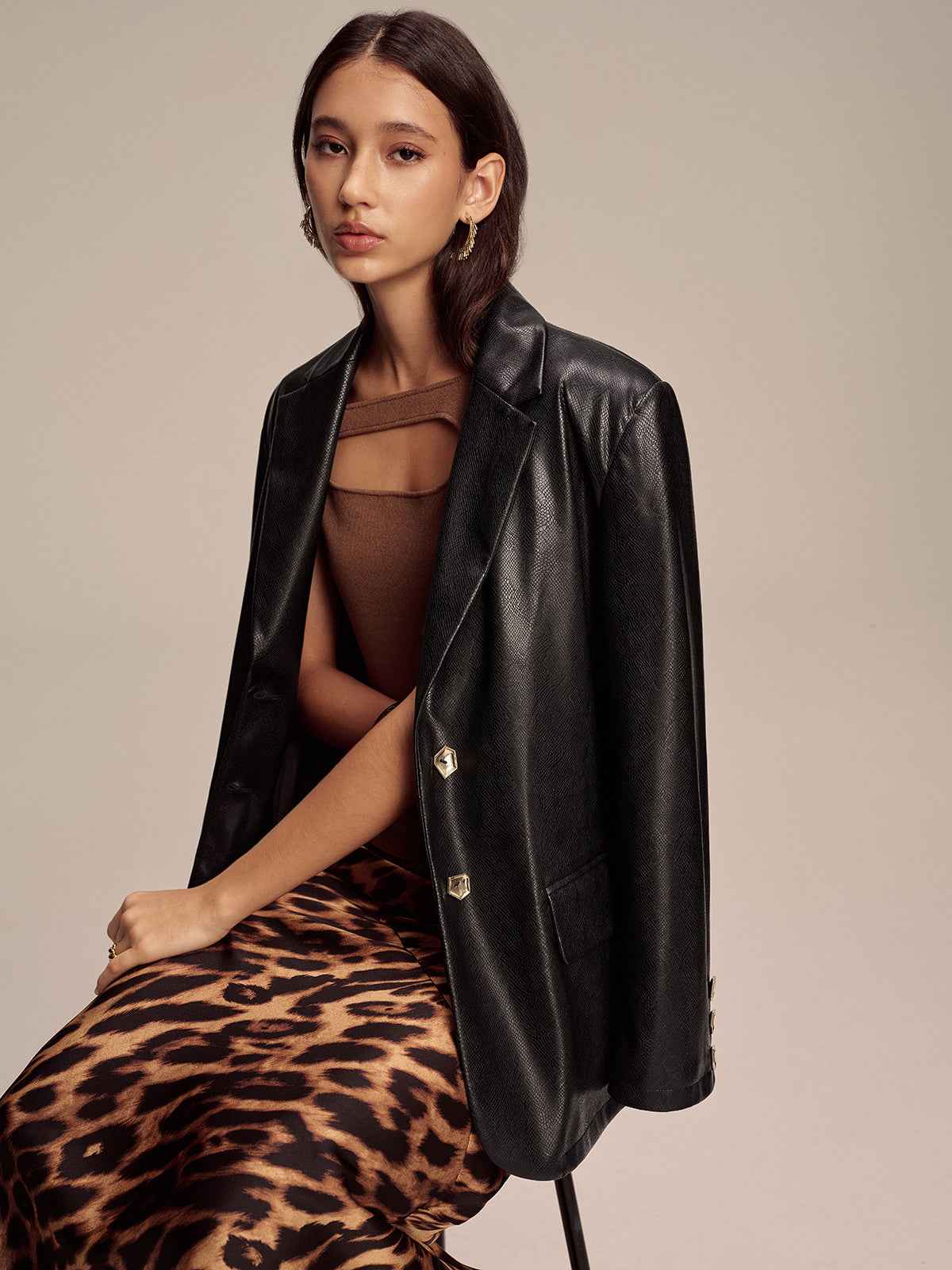 Maddison | Women’s Edgy Snake Print Metal Button PU Leather Blazer