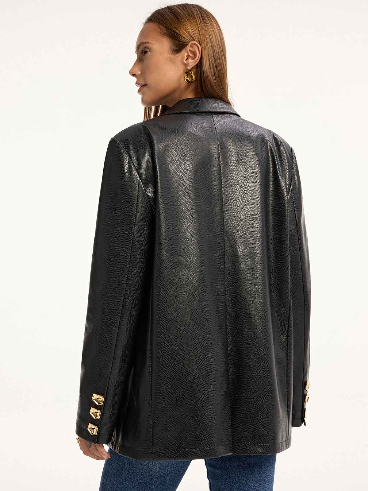 Maddison | Women’s Edgy Snake Print Metal Button PU Leather Blazer
