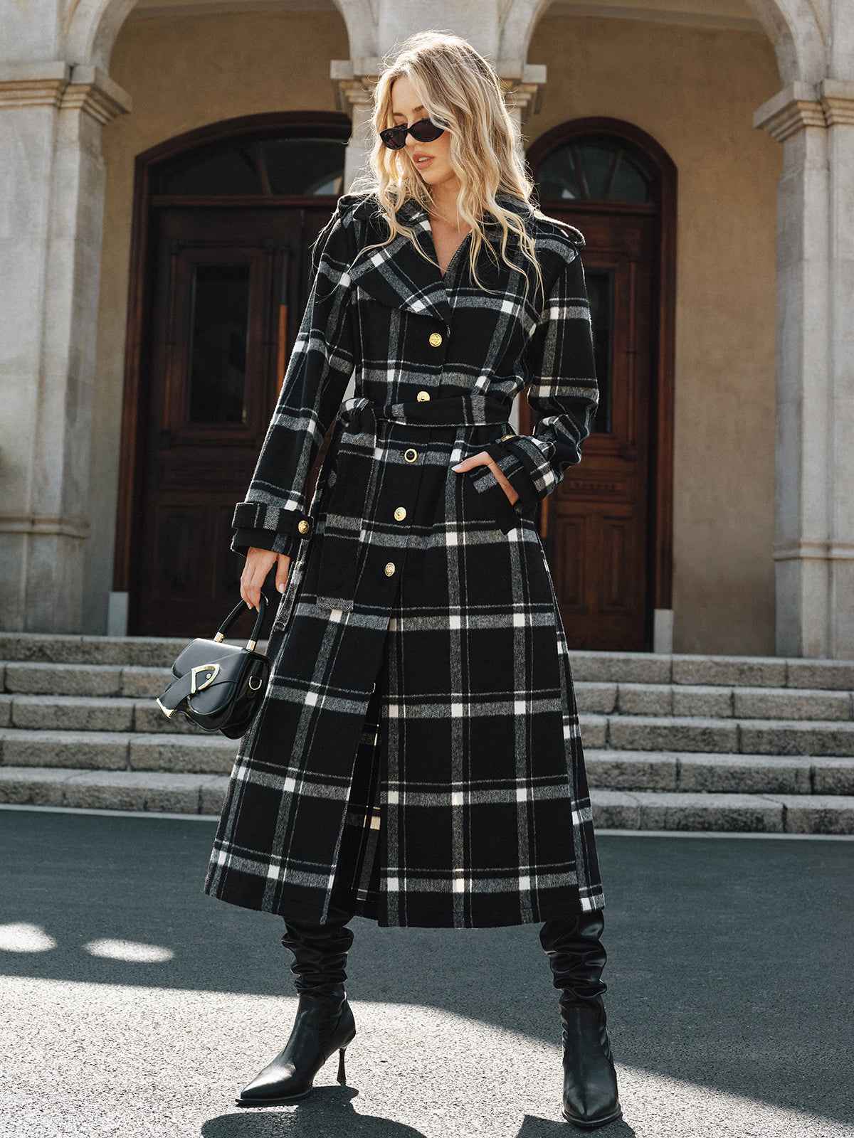 Mazie | Women's Plaid Pattern Belted Classic Long Trench Coat