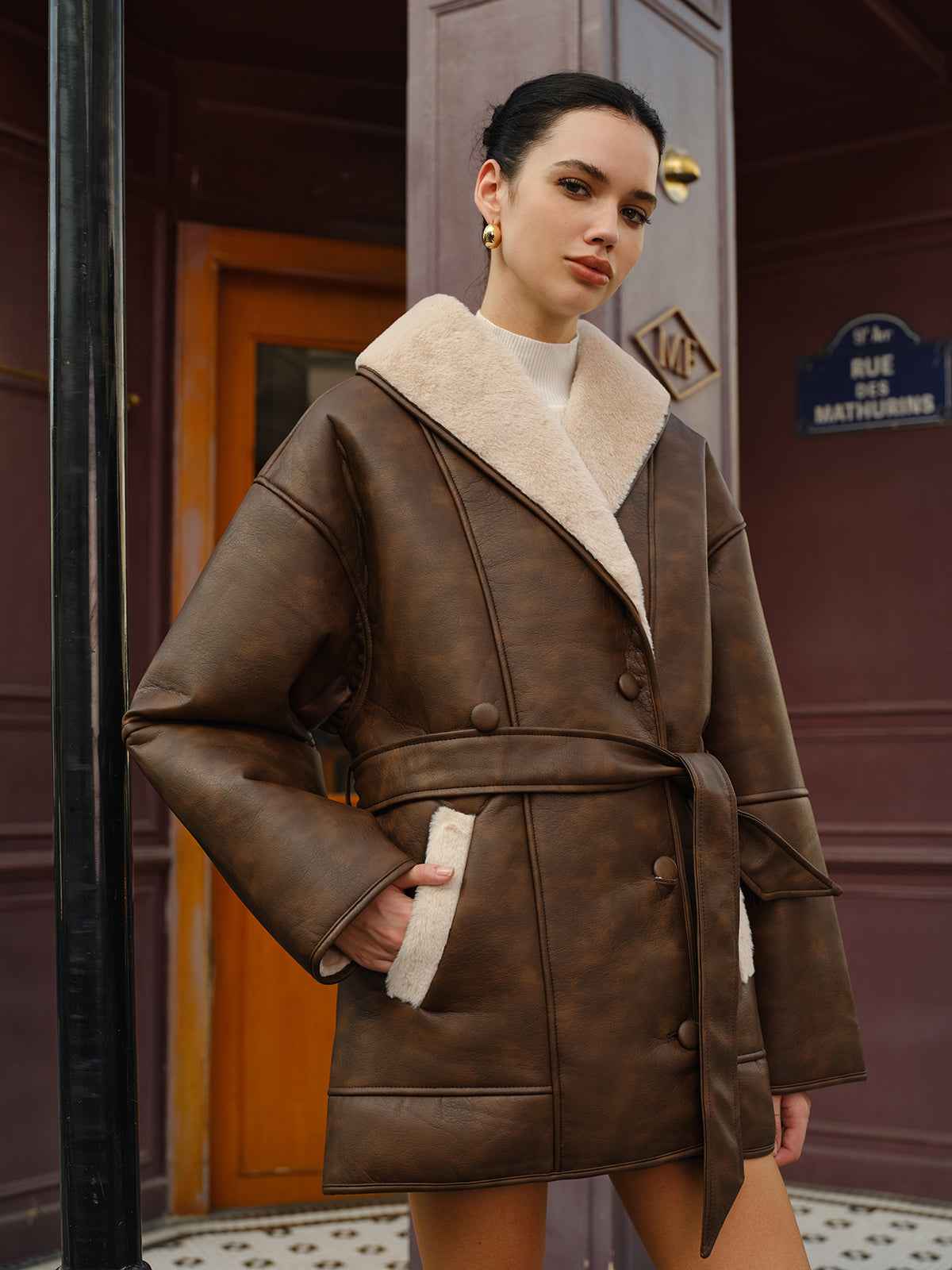 Meredith | Women’s Plush Belted Faux Leather Fleece Jacket