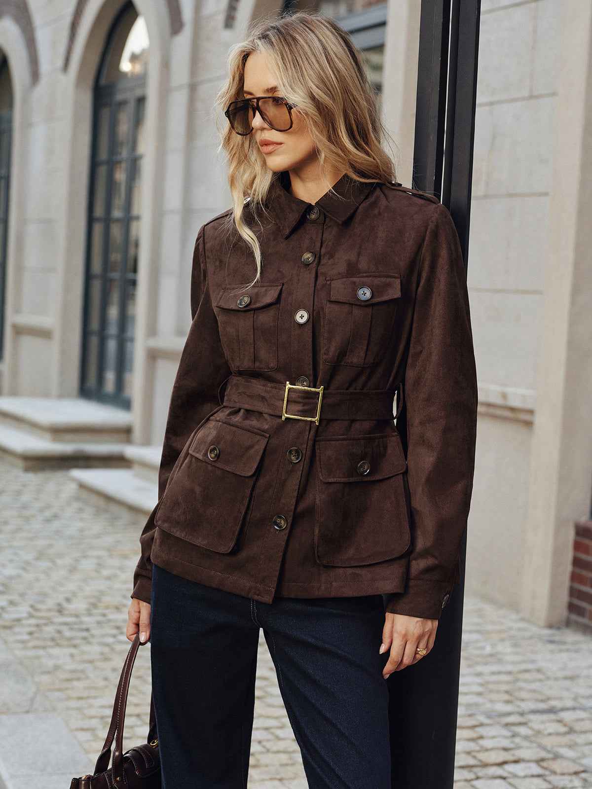 Murphy | Women’s Structured Multi-Pocket Belted Suede Trench Coat