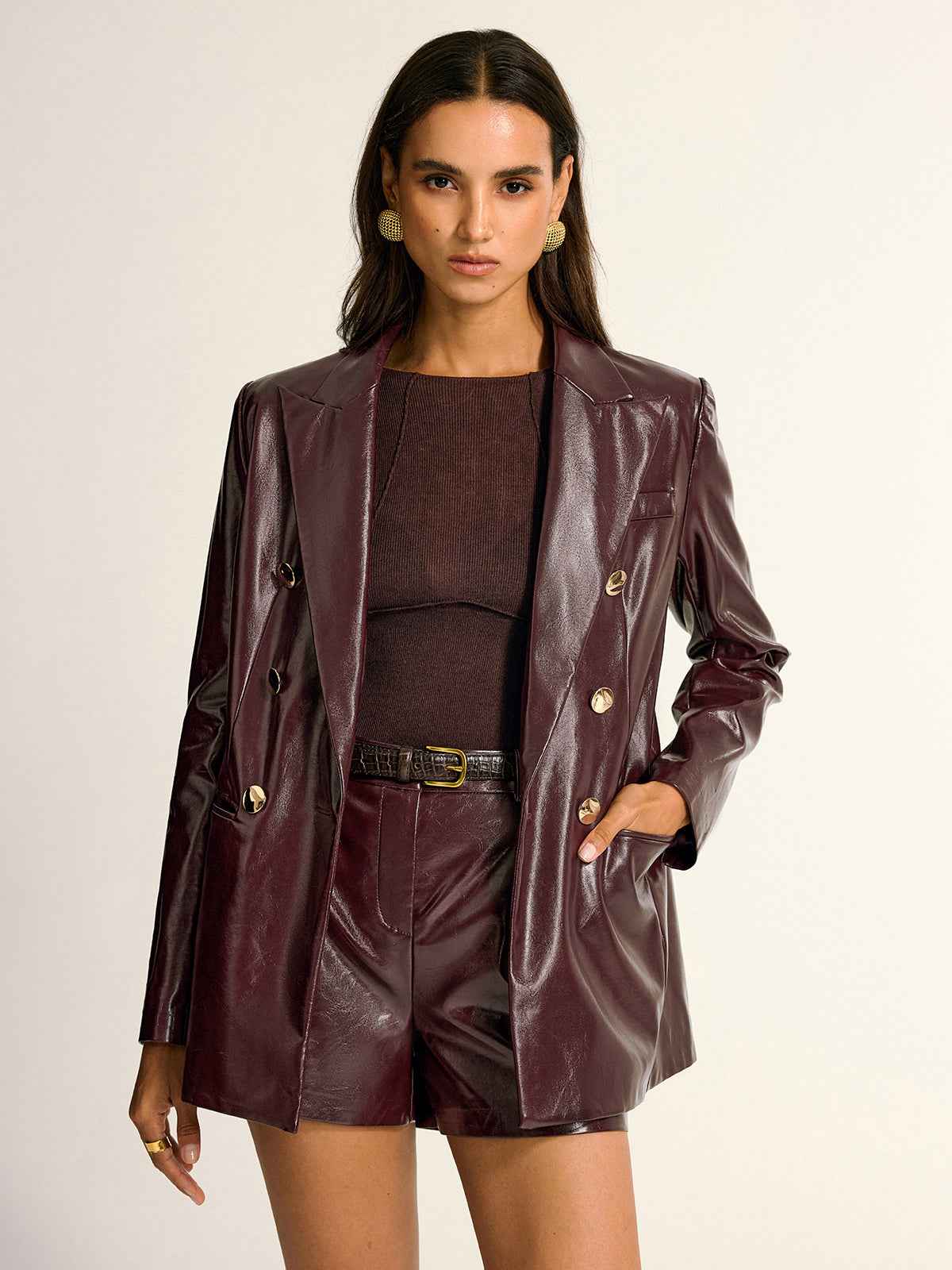 Paloma | Women's PU Leather Lapel Pocket Button Work Blazer