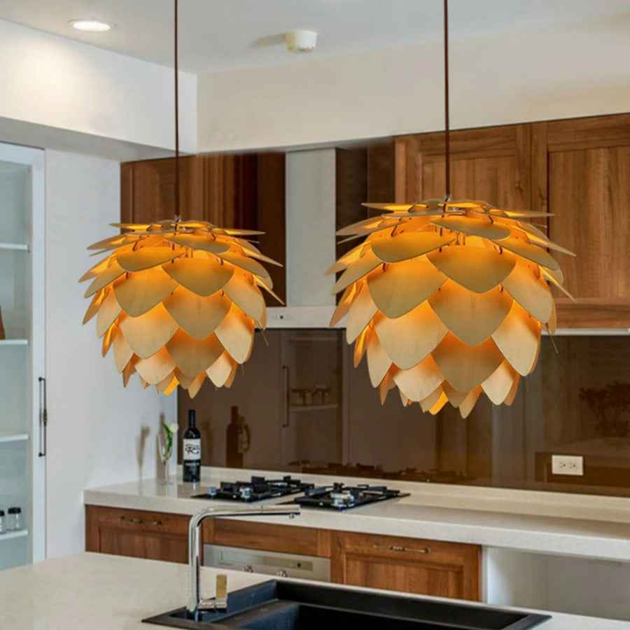 PineGlow | Rustic Wooden Pendant Kitchen Light with Warm Decorative Ambience