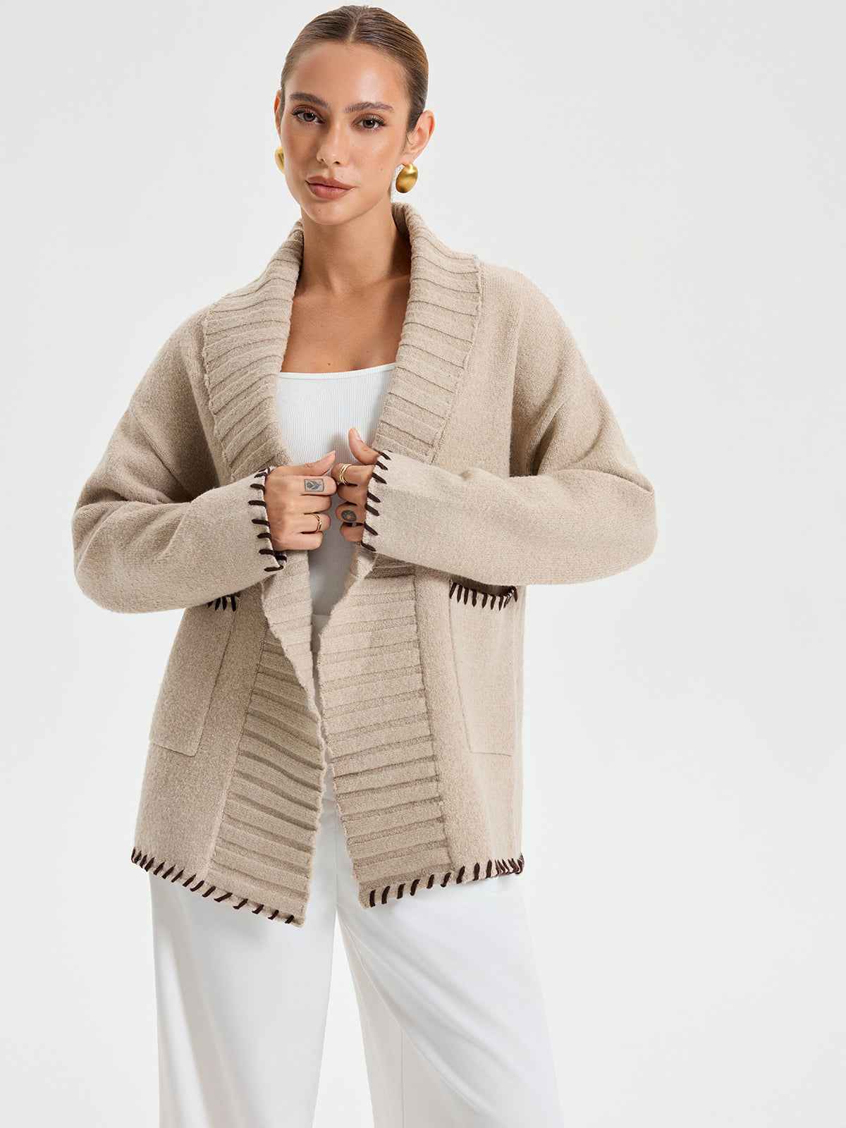 Quincy | Women's Contrast Stitched Knit Belted Outerwear Coat