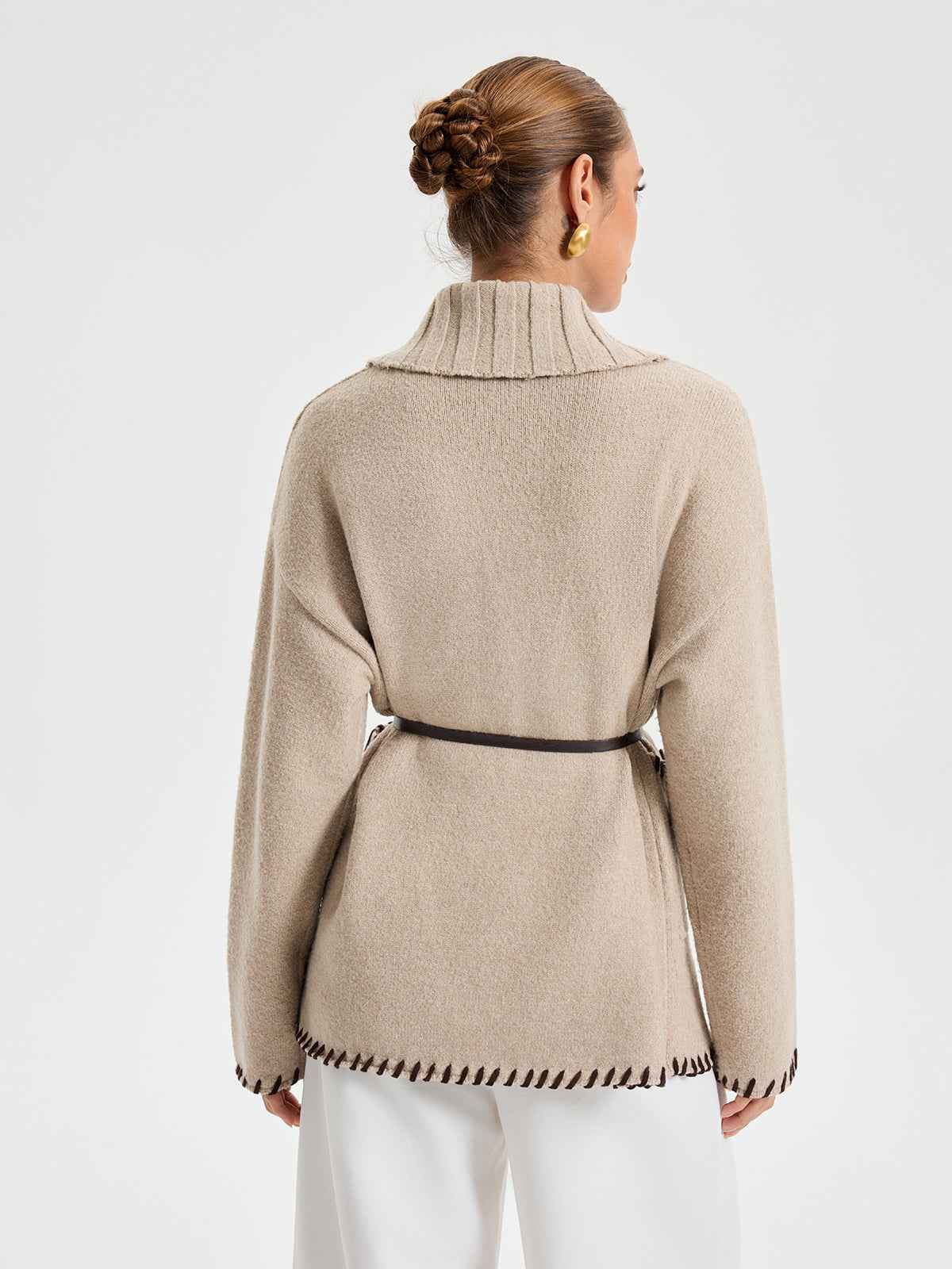 Quincy | Women's Contrast Stitched Knit Belted Outerwear Coat