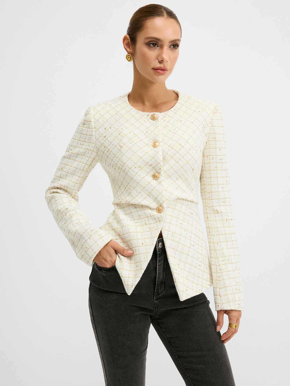 Romina | Women’s Sleek Tweed Round Neck Waist-Cinching Blazer