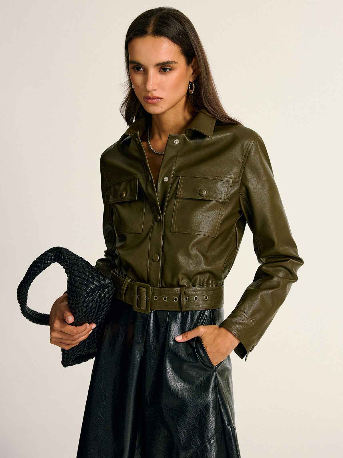 Teressa | Women's Belted PU Leather Cargo Utility Shirt Jacket