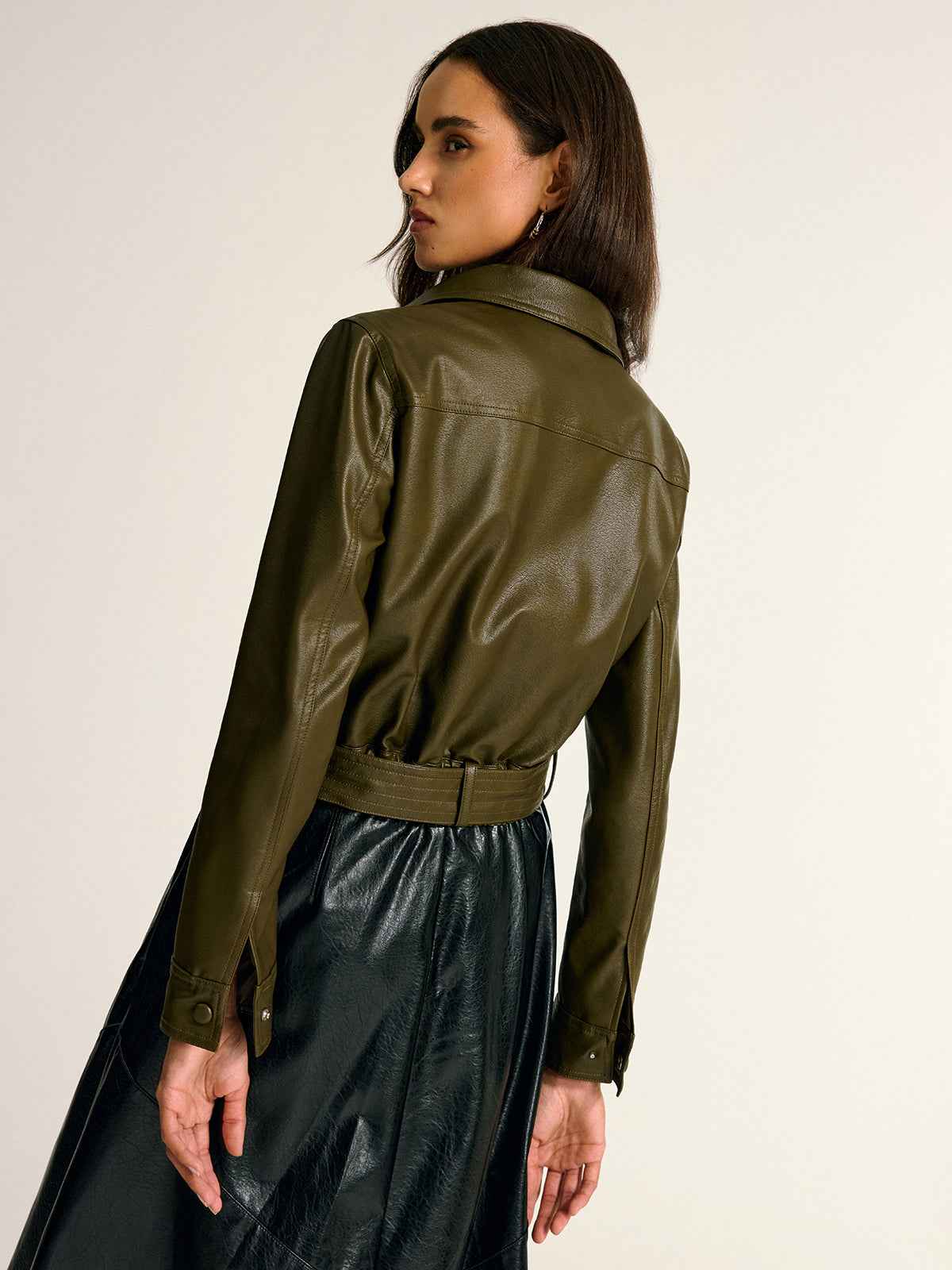 Teressa | Women's Belted PU Leather Cargo Utility Shirt Jacket