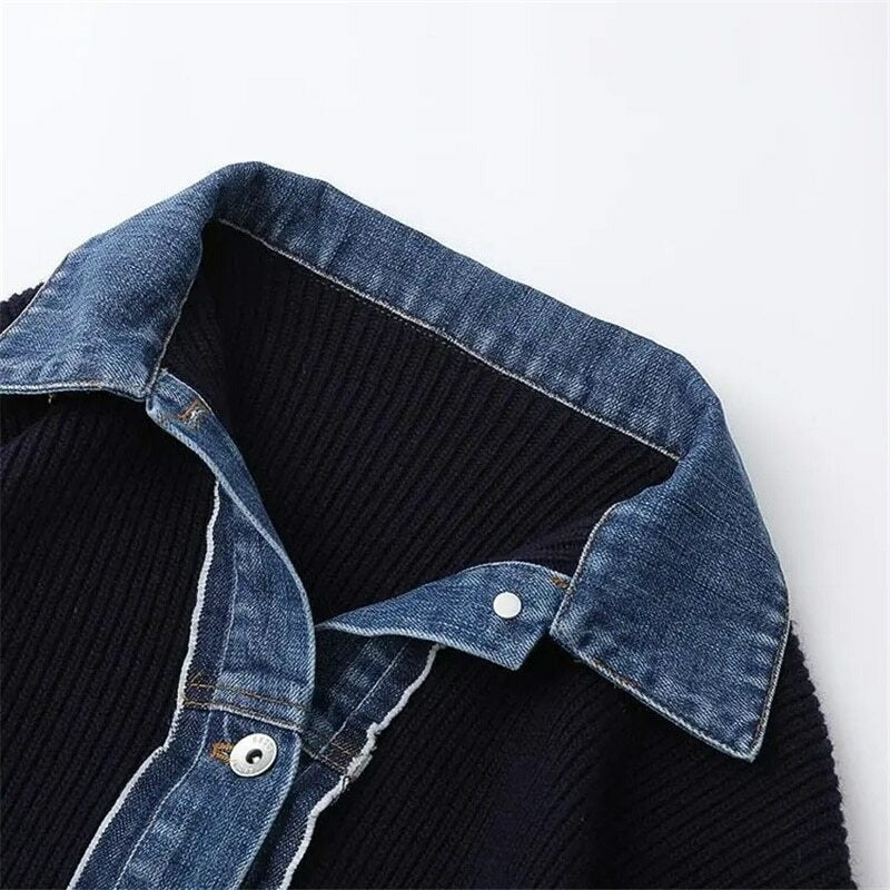 Demi | Women's Denim Metal Button V-Neck Long Sleeve Knit Top