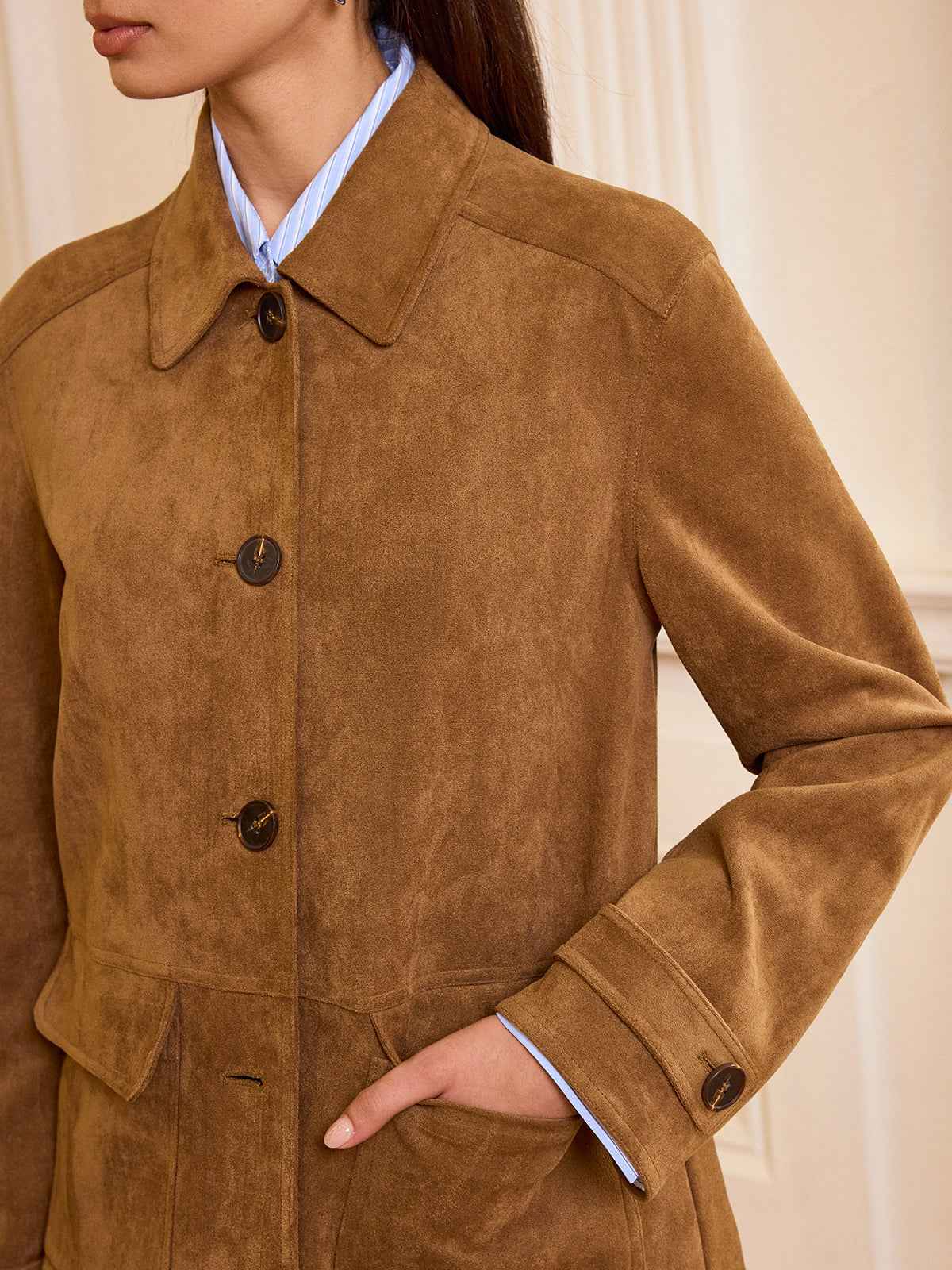 Akira | Women's Collared Button-Front Suede Office Blazer