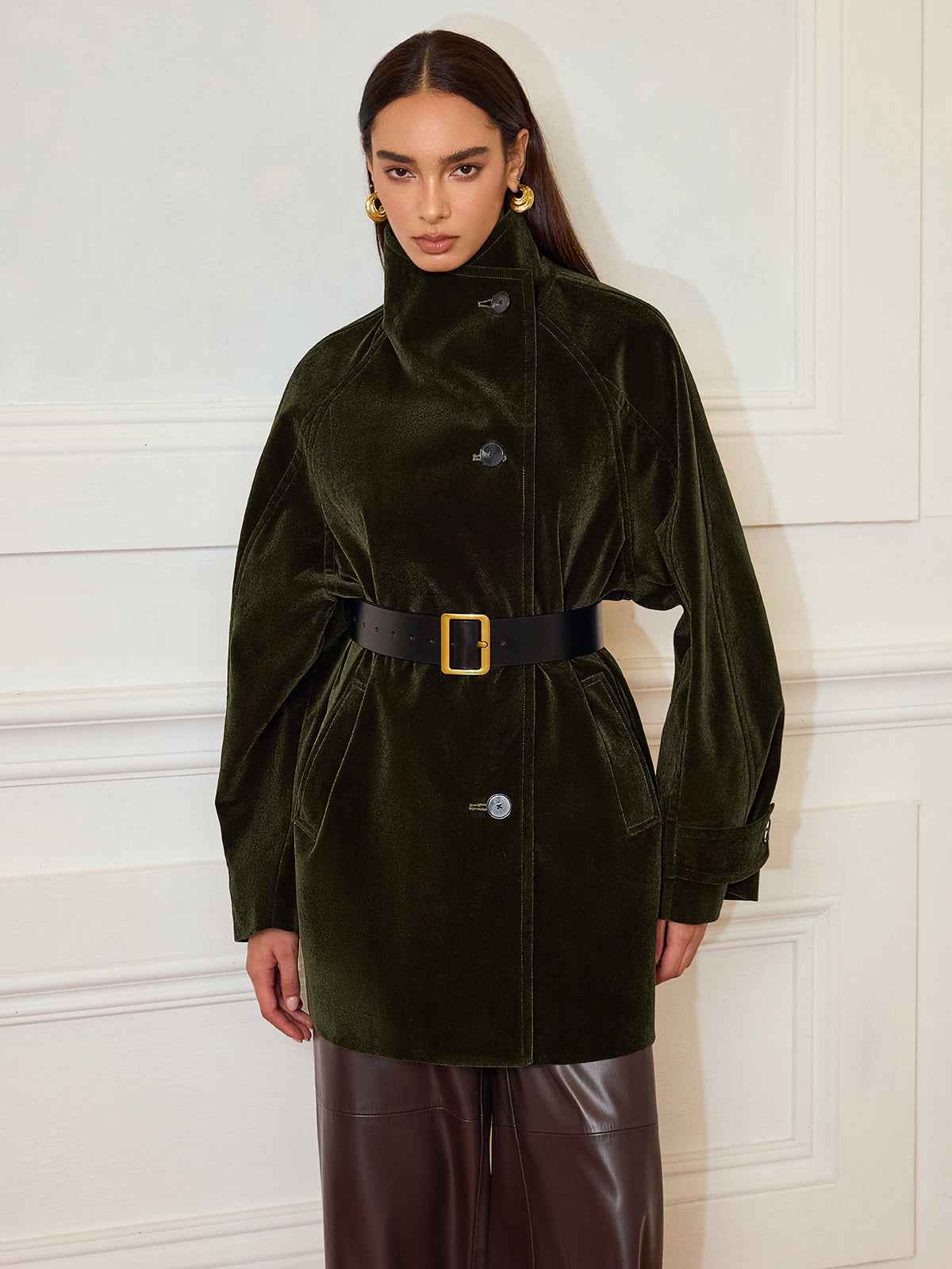 Alexandria | Women’s Stylish Pocketed Velvet Coat without Belt