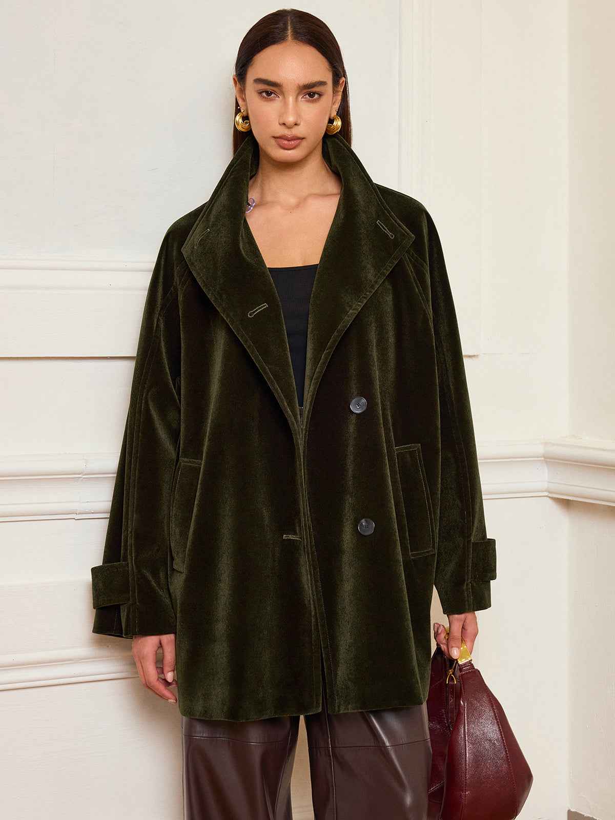 Alexandria | Women’s Stylish Pocketed Velvet Coat without Belt