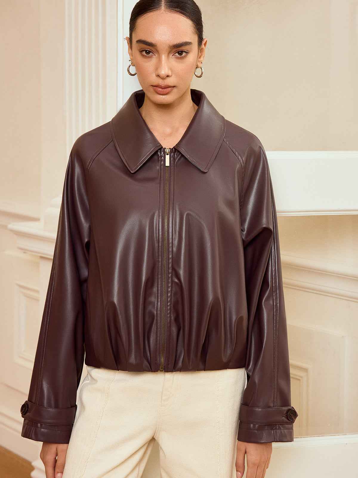 Alison | Women’s Refined Collared Zip-Up Faux PU Jacket