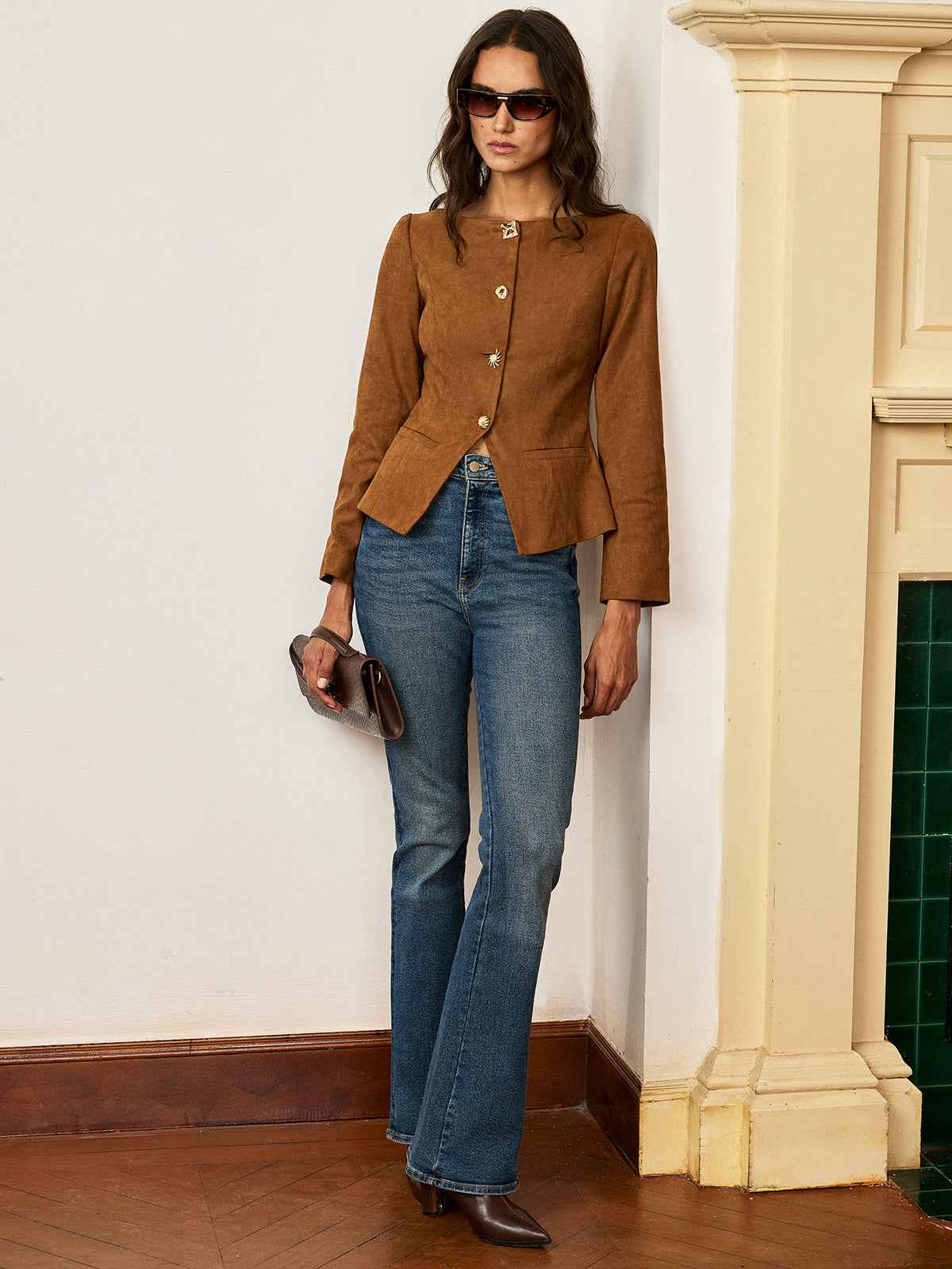 Amyra | Women's Fitted Suede Button-Front Short Blazer Jacket