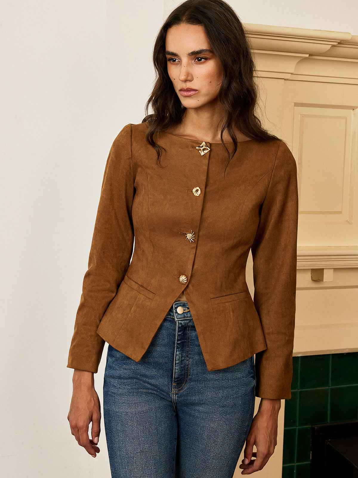 Amyra | Women's Fitted Suede Button-Front Short Blazer Jacket