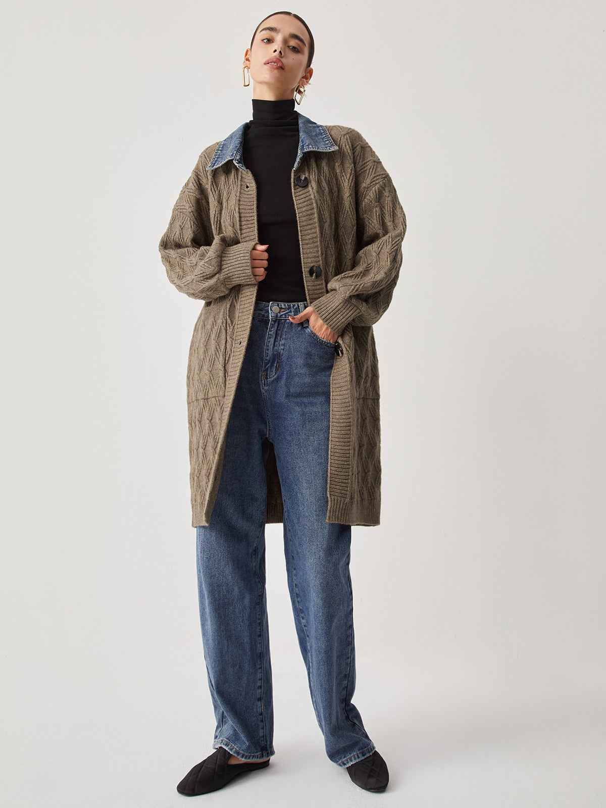 Cail | Women’s Elegant Diamond Stitch Knitting Longline Cardigan