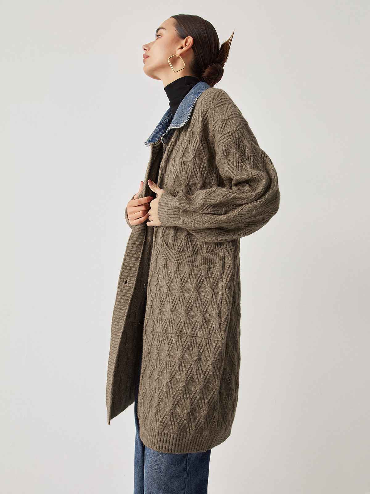 Cail | Women’s Elegant Diamond Stitch Knitting Longline Cardigan