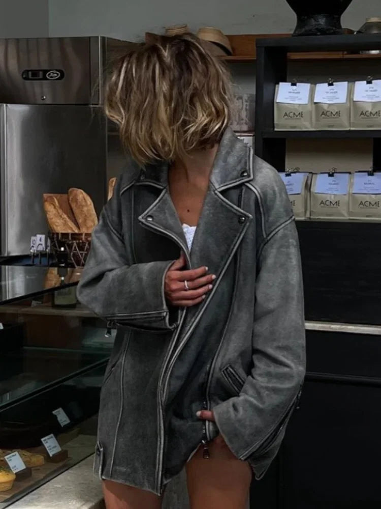 Mia | Stylish Loose Grey Suede Jacket 7
