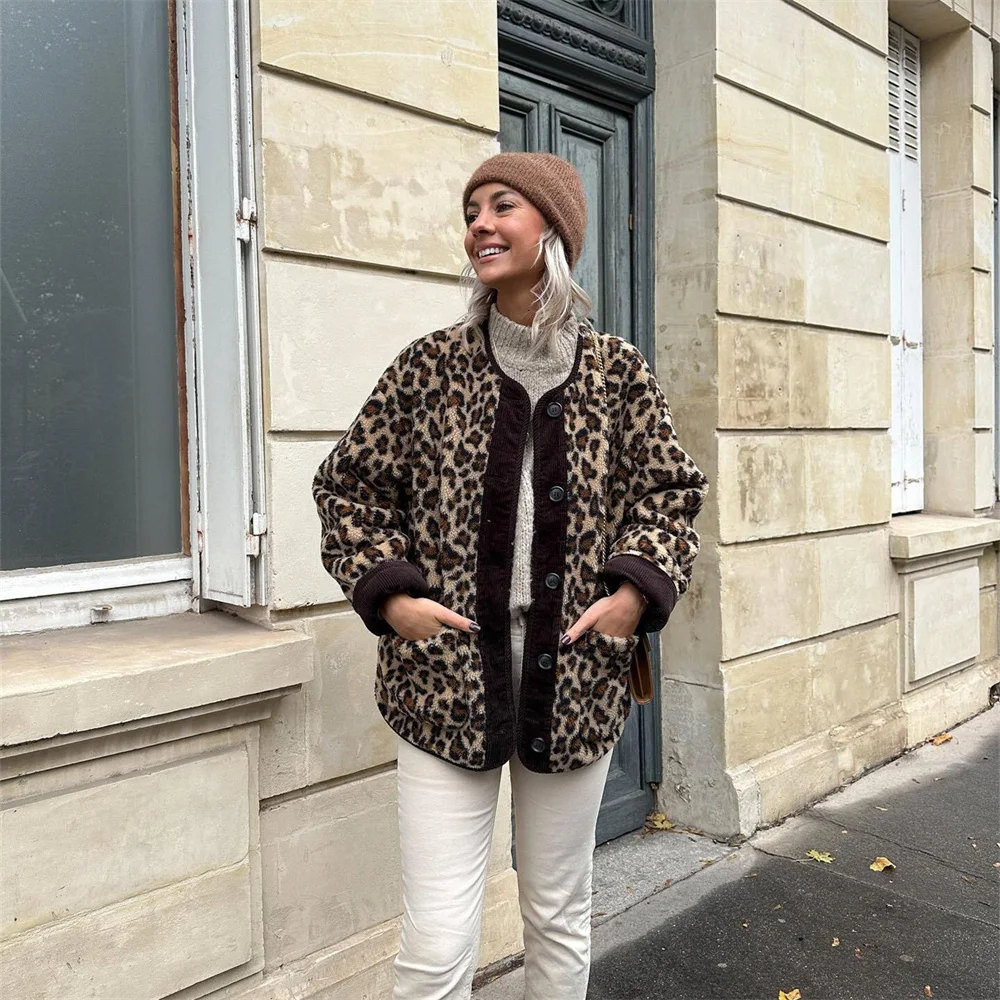 Leah | Women's Leopard Print O-Neck Wool Winter Jacket 0