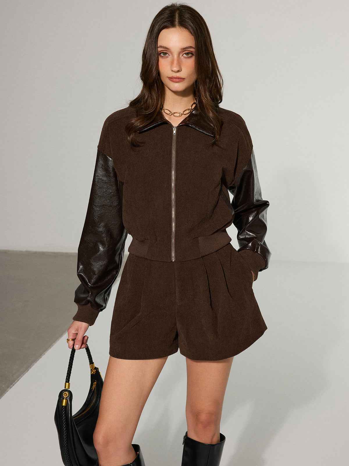 Lyra | Women’s Trendy Faux Leather Panel Corduroy Zip-Up Jacket