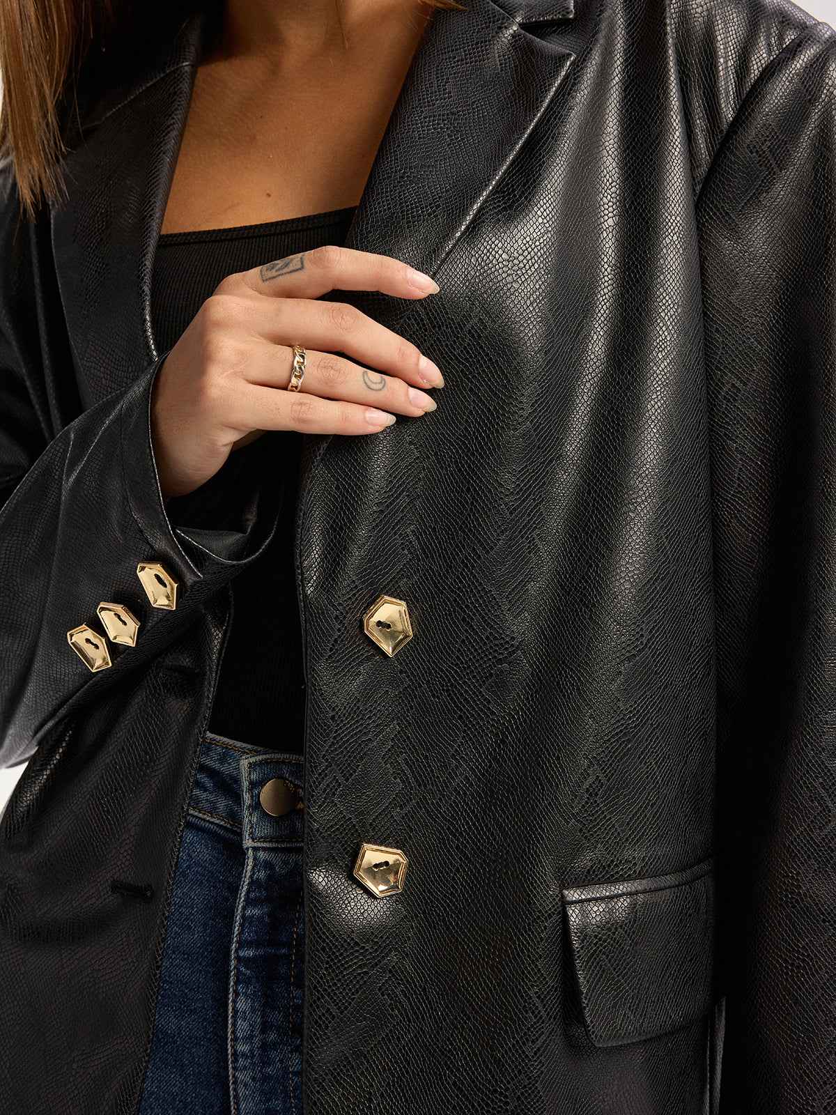 Maddison | Women’s Edgy Snake Print Metal Button PU Leather Blazer