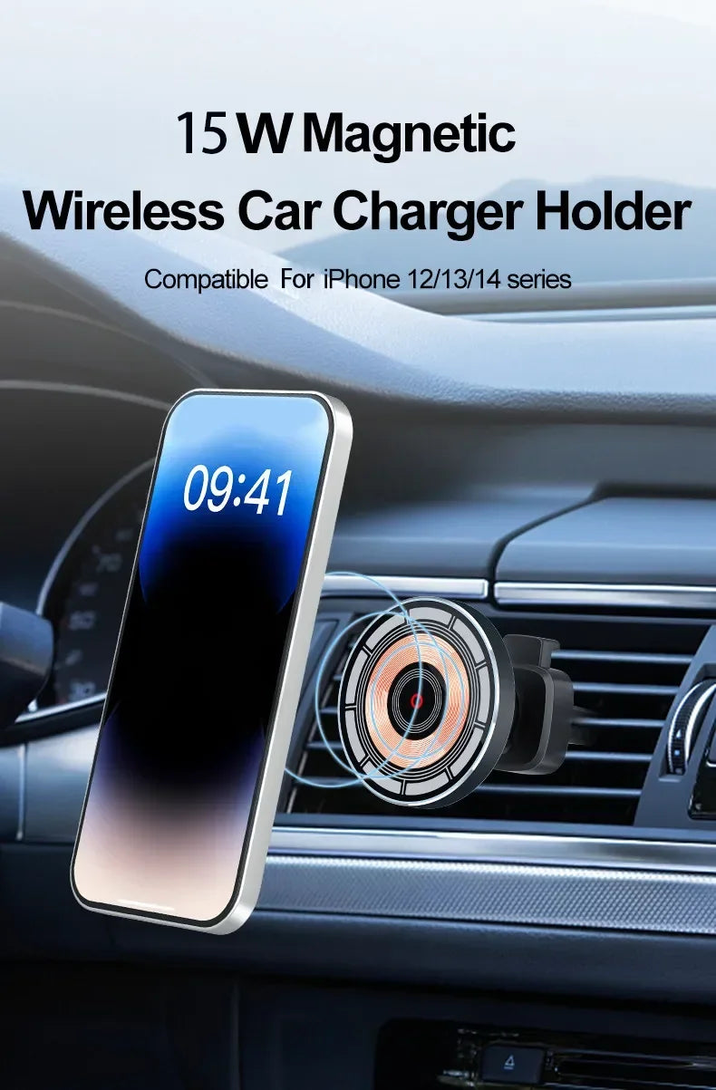 MagSafe Car Mount Charger with 15W Wireless Charging, 360° Rotation for iPhone and Qi Devices 1