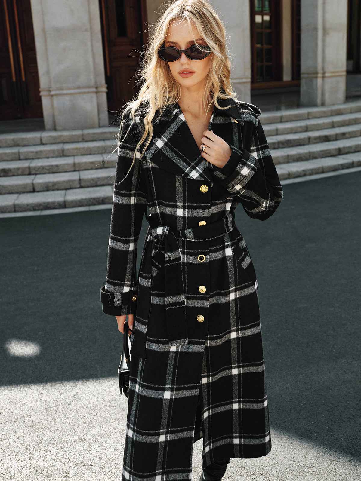 Mazie | Women's Plaid Pattern Belted Classic Long Trench Coat