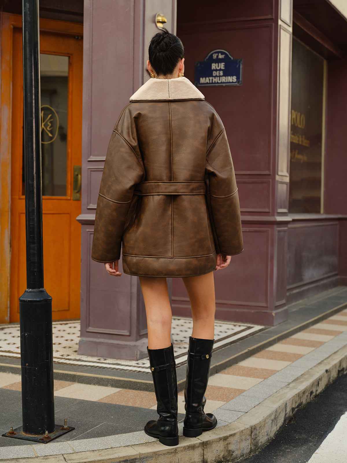 Meredith | Women’s Plush Belted Faux Leather Fleece Jacket