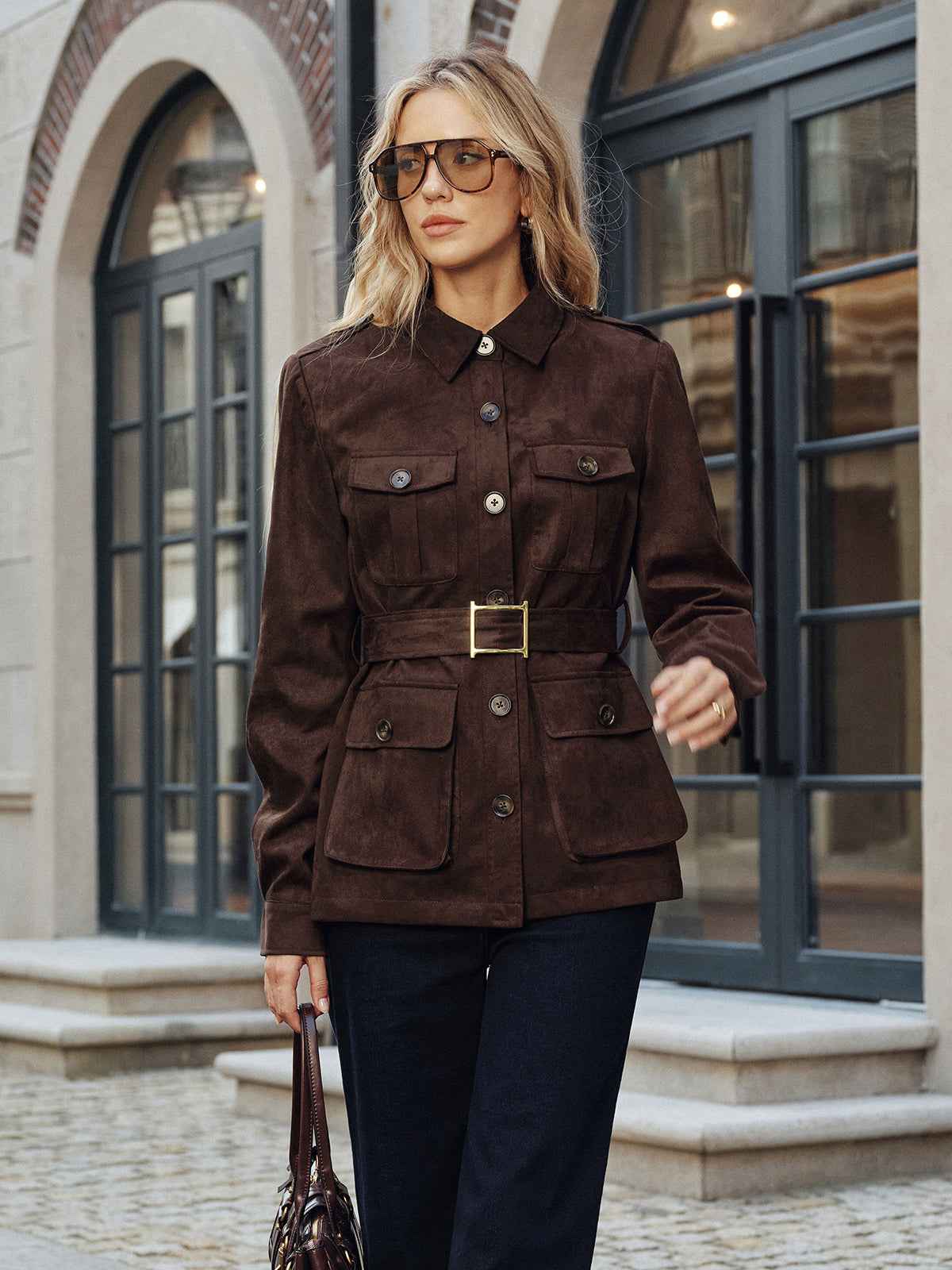 Murphy | Women’s Structured Multi-Pocket Belted Suede Trench Coat