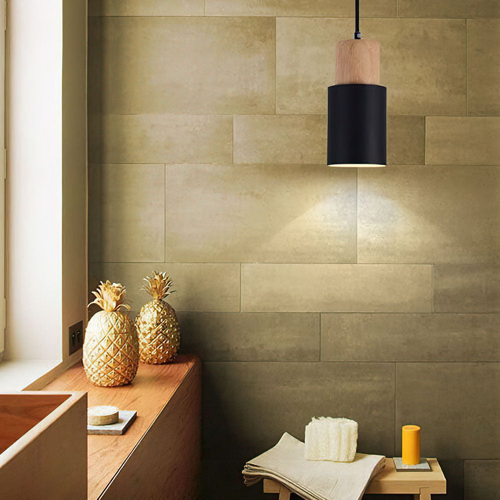 Pendant Light Modern Wood Black Cylinder Fixture 0