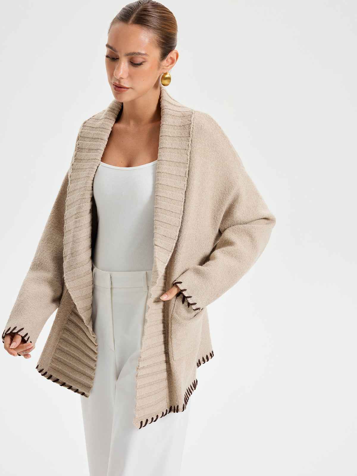 Quincy | Women's Contrast Stitched Knit Belted Outerwear Coat