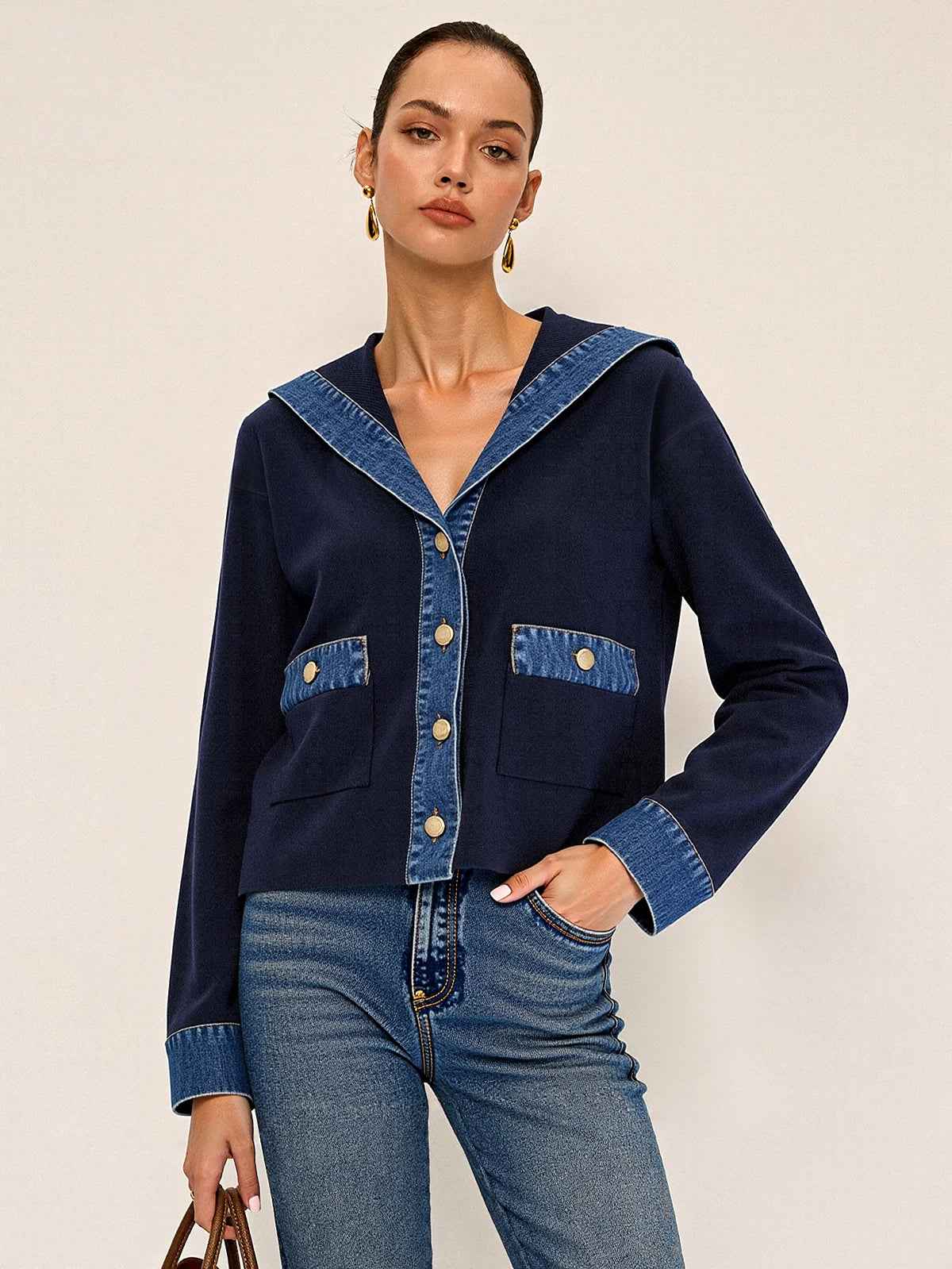 Racy | Women's Denim Sailor Collar Long Sleeve Knit Outerwear