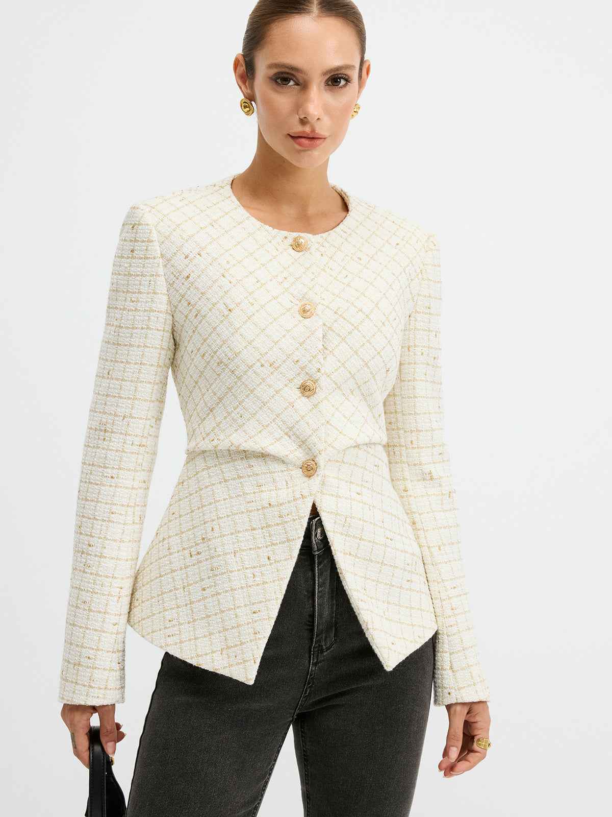 Romina | Women’s Sleek Tweed Round Neck Waist-Cinching Blazer