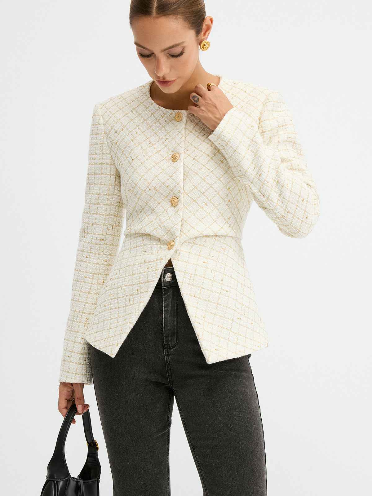 Romina | Women’s Sleek Tweed Round Neck Waist-Cinching Blazer