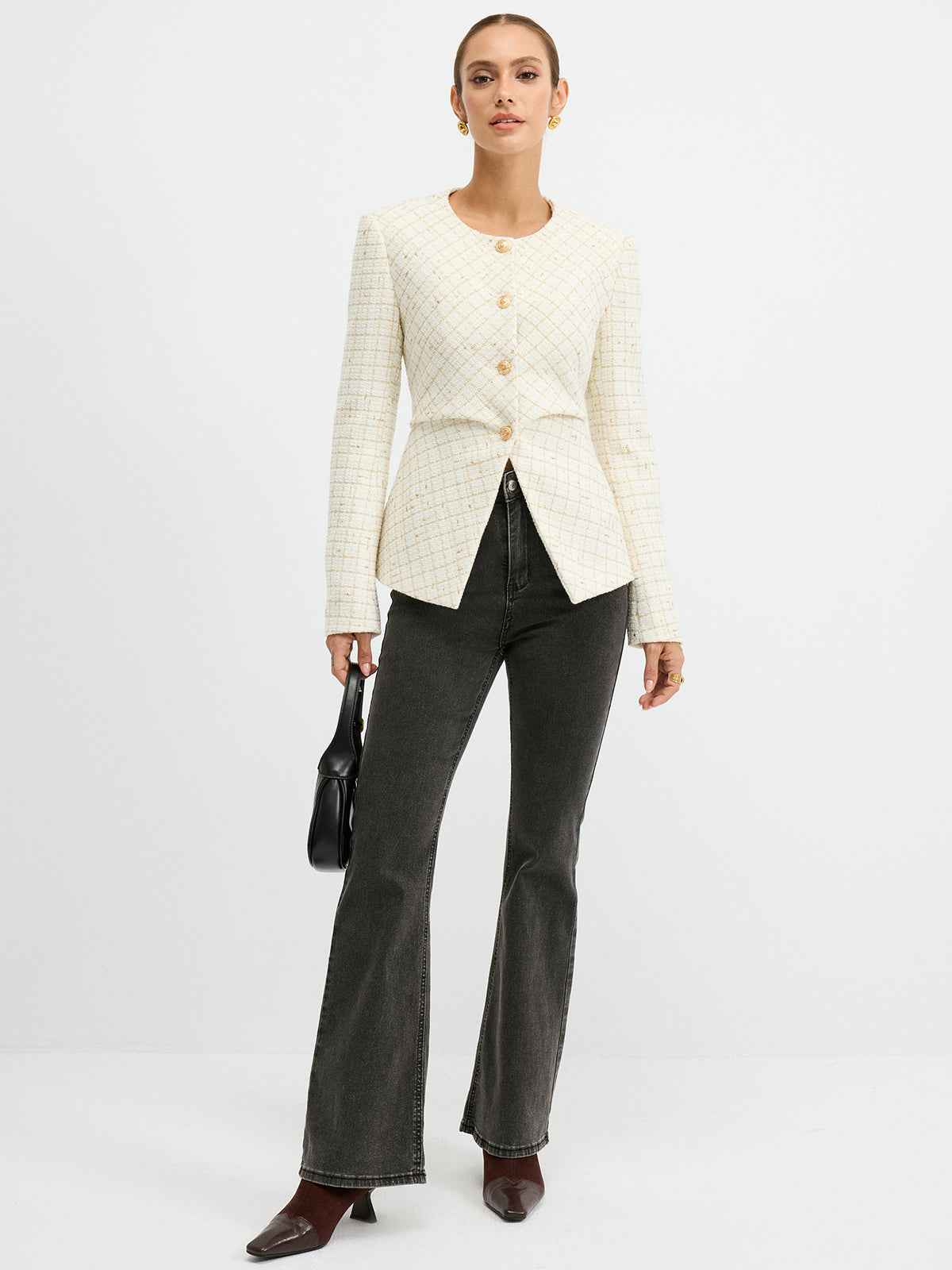 Romina | Women’s Sleek Tweed Round Neck Waist-Cinching Blazer