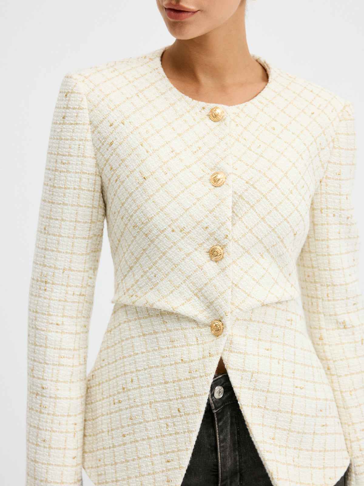Romina | Women’s Sleek Tweed Round Neck Waist-Cinching Blazer