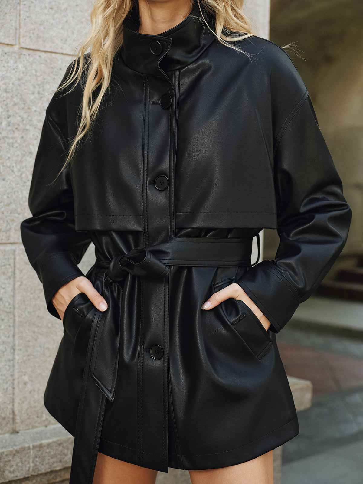 Shane | Women's Stand Collar Belted PU Short Coat Jacket