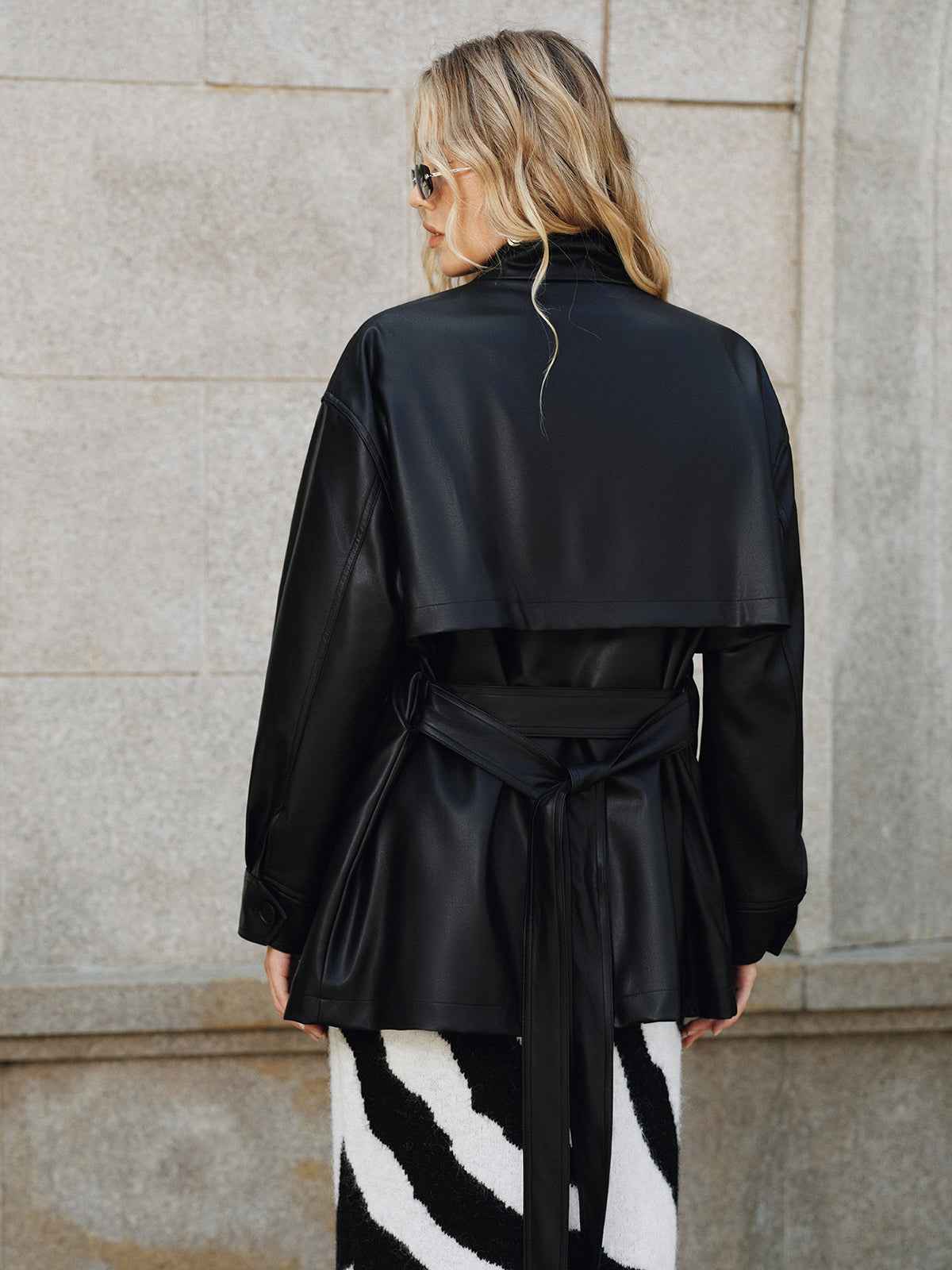 Shane | Women's Stand Collar Belted PU Short Coat Jacket